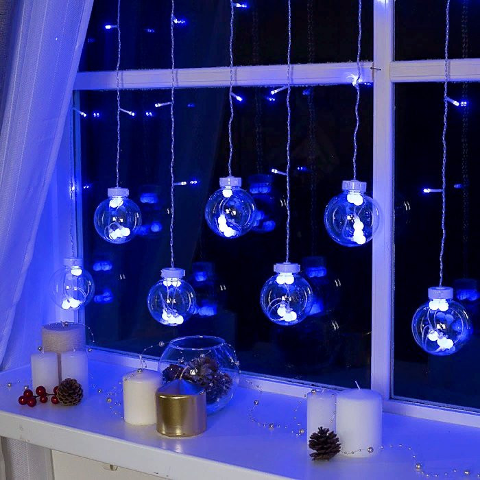 Гирлянда электрическая для дома занавес Бахрома 2,4*0,7м 108LED "Шарики" цвет синий (светлый провод) 8режимов арт.2361716