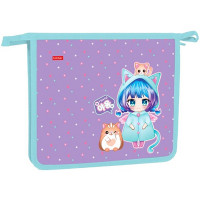 Папка школьная для тетрадей А5 на молнии 2отделения (Hatber) Девочка-кошка арт.AMc_02016
