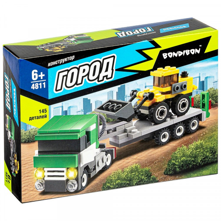 Конструктор пластиковый Город. Тягач с платформой и бульдозер 145 деталей (Bondibon) арт.ВВ4811