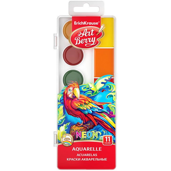 Акварельные краски 11 цветов (ErichKrause&ArtBerry) Neon пластиковая коробка без кисти УФ-защита арт 53406