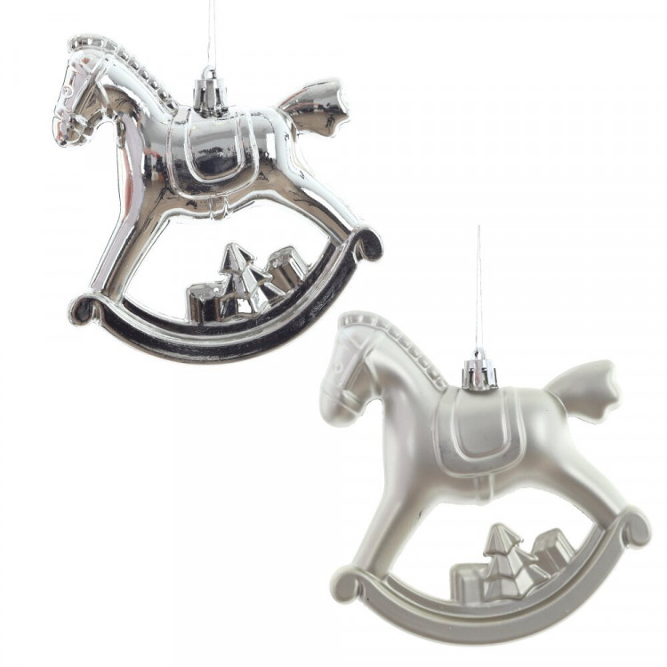 Фигурка на ёлку пластик "Лошадка-качалка" 02шт/наб. 10см цв.белый/серебро арт.826182