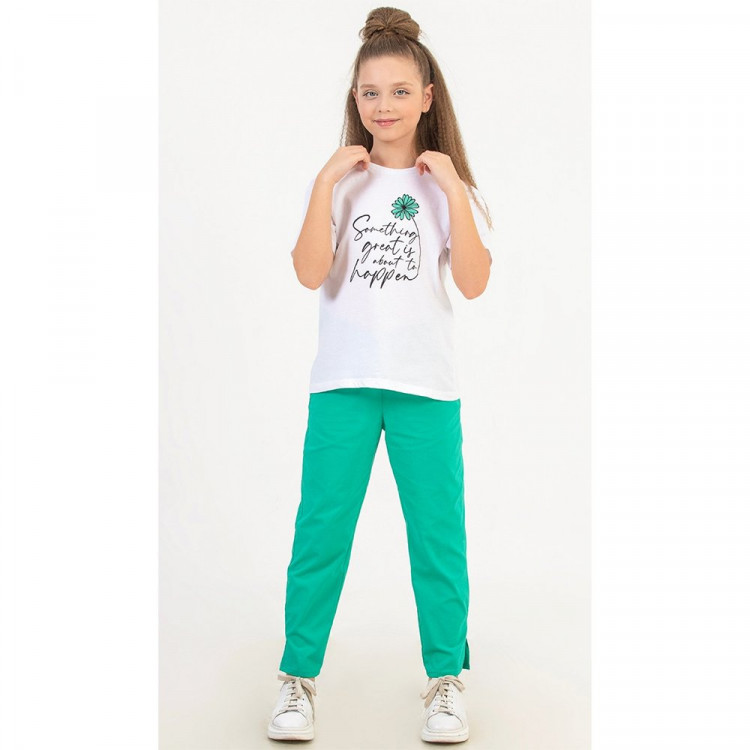 Комплект для девочки артикул DMB 2936 размерный ряд 34/134-44/164 (футболка+брюки) цвет зеленый