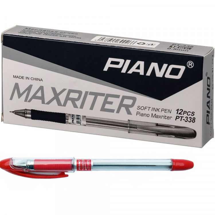 Ручка шариковая  прозрачный корпус  резиновый упор  (PIANO) "Maxriter" красная , масло 0,5мм арт.РТ-338-12/ (Ст.12/1152)