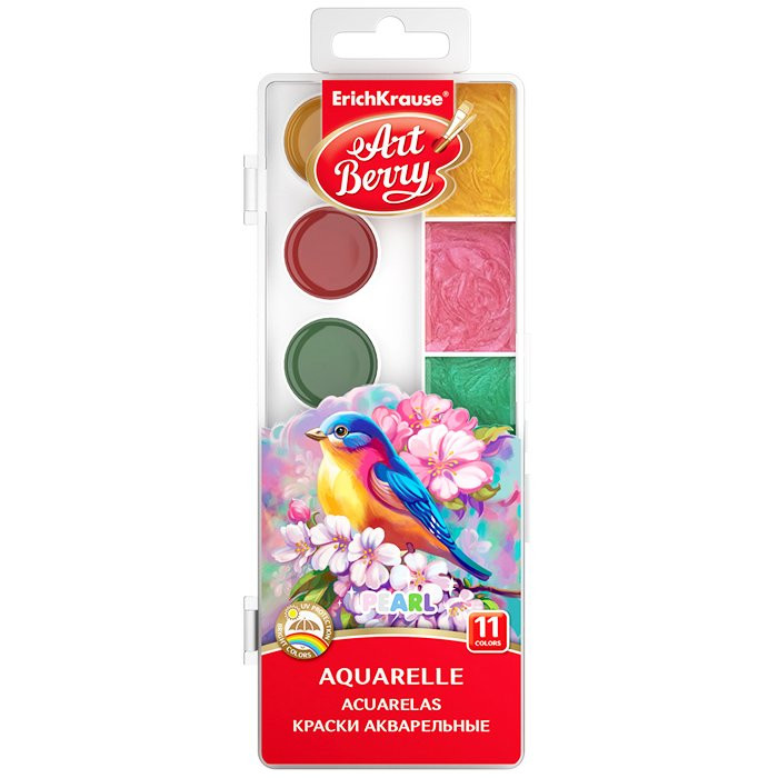 Акварельные краски 11 цветов (Erich Krause&ArtBerry) Pearl пластиковая коробка без кисти УФ-защита арт 53407