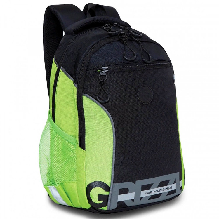 Рюкзак для мальчика (Grizzly) арт.RB-259-1/3 черный-салатовый-серый 27х40х16см