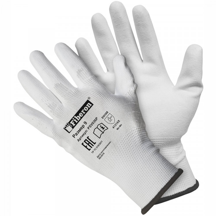 Перчатки "Для точных работ", полиэстер, полиуретановое покрытие, 9(L), белые, Fiberon, PSV036P