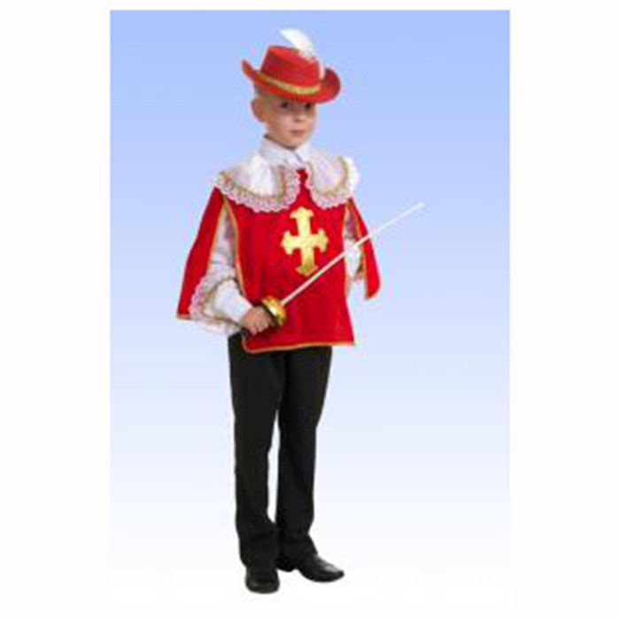 Костюм для мальчика Мушкетер-2 красный (шляпа,плащ,манжеты) без размера без шпаги ткань