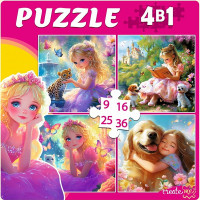 Пазл 4 в 1 9,16,25,36 элементов Принцессы с любимыми животными (РК) арт.П-7589